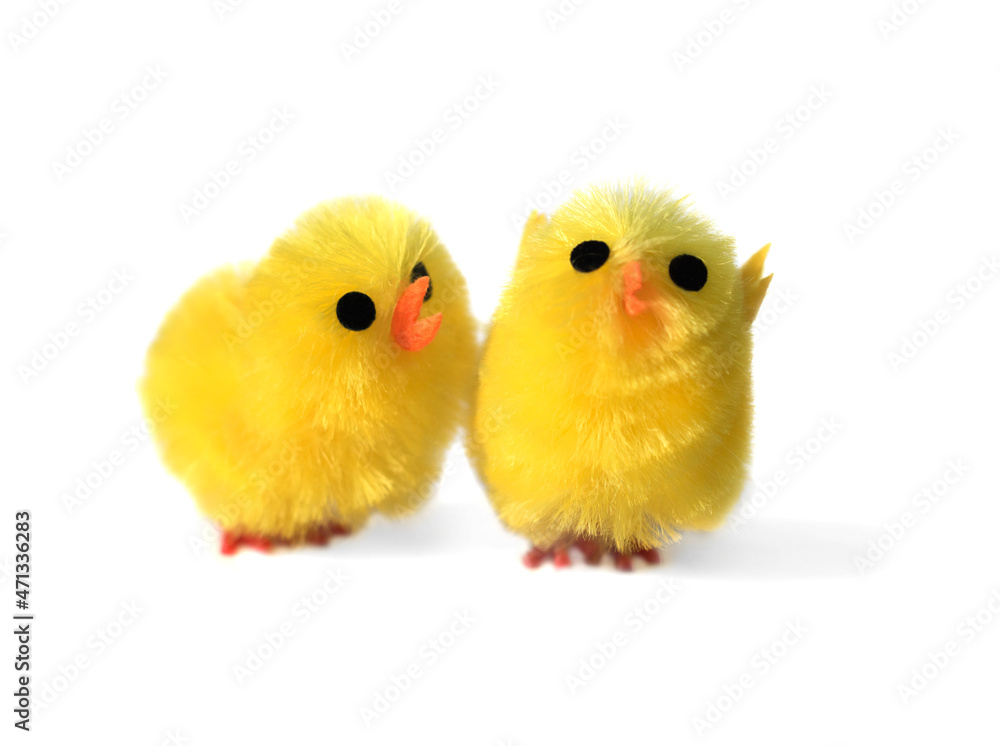 A decorative chick tells some surprisingly good news to another chick.