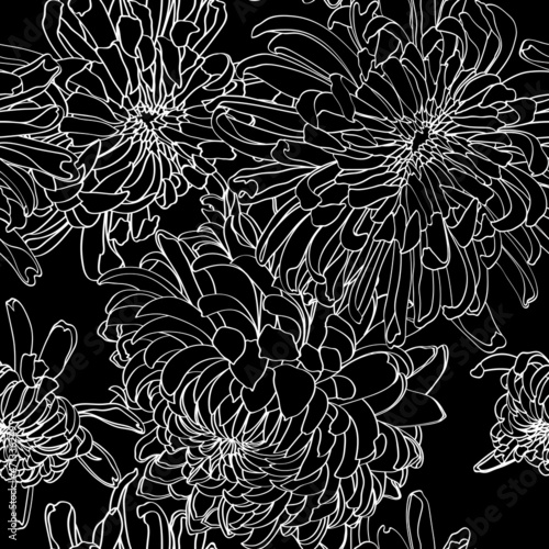 Seamless pattern with a Chrysanthemum Flowers natural ornament. Vintage Japanese Flowers floral seamless pattern on black background. Exotic jungle wallpaper.
