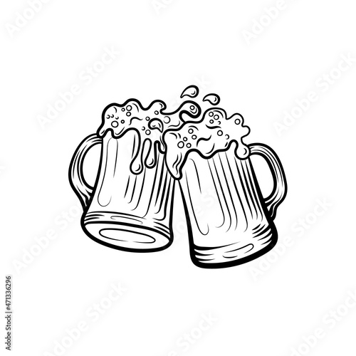 Beer illustration isolated on white background, vintage style, black lines, engraved image.