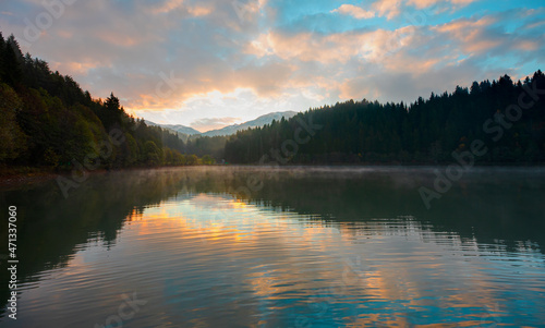 Morning evaporation of water over the lake - Autumn landscape with Karagol  Black lake  - A popular destination Black Sea  Savsat  Artvin