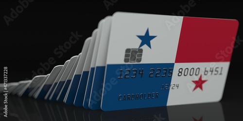 Domino effect, fallen credit cards with flags of Panama. Fictional data on card mockups. Banking collapse conceptual 3d rendering photo