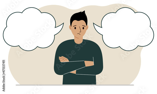 A sad man tries to make the right decision. Left and right empty bubbles. Comparison of the two solutions.