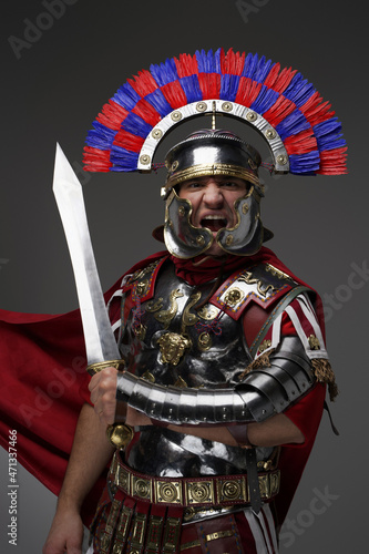 Obraz na plátně Screaming roman centurion with red cloak holding gladius