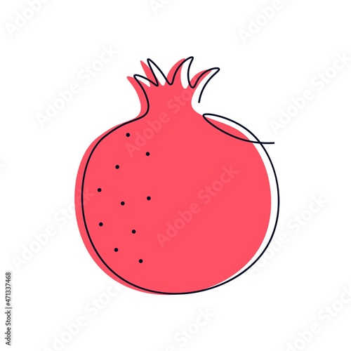 Pomegranate fruit in continuous drawing style. Abstract minimalistic style. Drawing the fruit with one line. Pomegranate contour with color. Drawing with a single line. Flat isolated illustration.