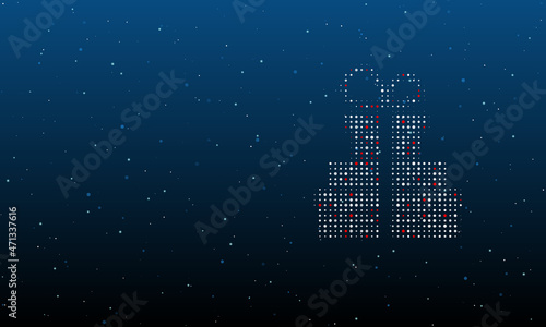 On the right is the set of gifts symbol filled with white dots. Background pattern from dots and circles of different shades. Vector illustration on blue background with stars