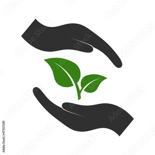 leaf, sprout between hands, in hands, logo icon design with white background and simple style. A symbol of life, protection and care