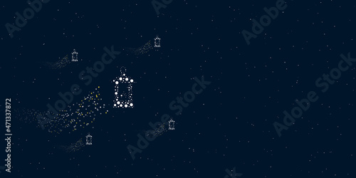 A Christmas lantern filled with dots flies through the stars leaving a trail behind. There are four small symbols around. Vector illustration on dark blue background with stars
