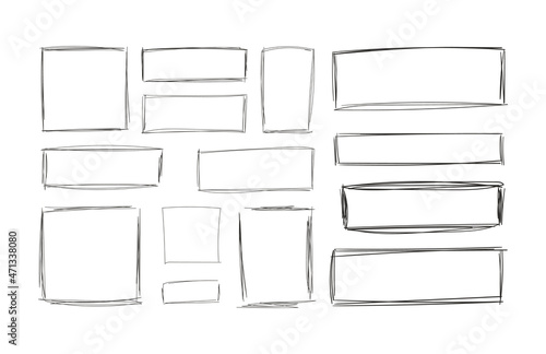 sketched squares, blank drawings, frames isolated on white background, black lines, rectangular shapes.
