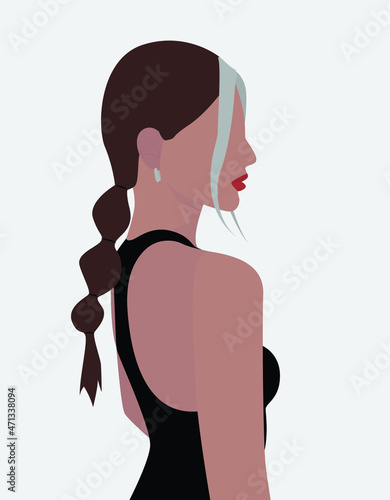 Girl in a black T-shirt. A young lady with brown hair with blond strands. Nice lady with long hair. Vector flat image for posters, avatars, textiles, backgrounds, templates.