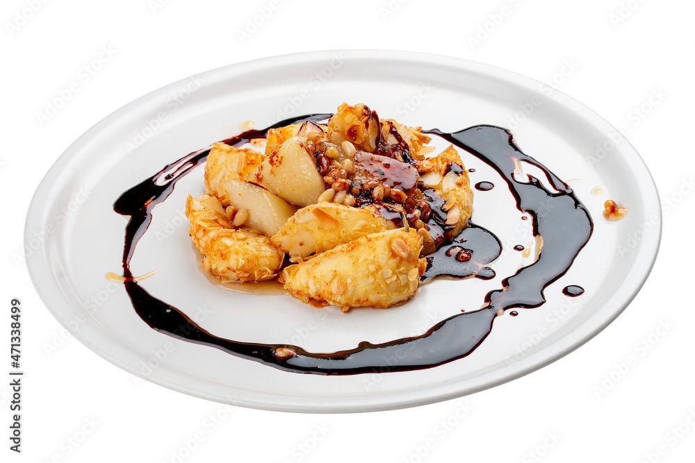 Suluguni in almond flakes with cherry sauce. Isolated on a white background. Suluguni in almond flakes with cherry sauce. Isolated on a white background.