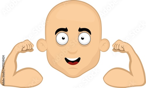 Vector illustration of the face of a cartoon bald man, flexing his arms and showing his biceps


