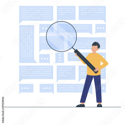 Man holding magnifier and looking for data. Search in the database, among messages, articles, text documents and files. Managing online digital database. Flat vector illustration.
