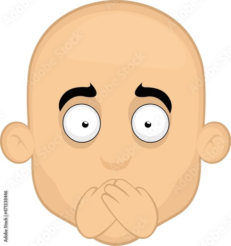 Vector illustration of the face of a cartoon bald man covering his mouth with his hands in concept of silence or secret