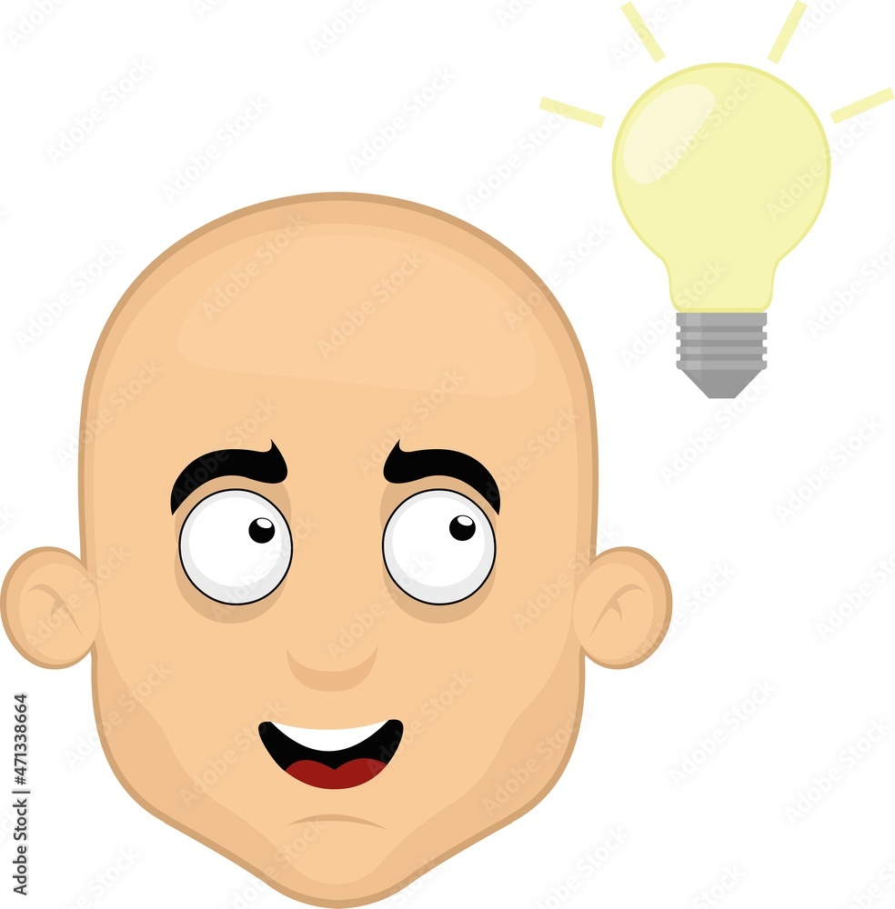 Vector illustration of the face of a cartoon bald man looking at a light bulb, in concept of inspiration, idea or creativity Vector illustration of the face of a cartoon bald man looking at a light bulb, in concept of inspiration, idea or creativity