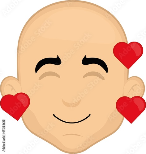 Vector illustration of the face of a cartoon bald man surrounded by hearts