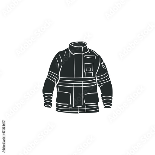 Fireman Jacket Icon Silhouette Illustration. Firefighter Vector Graphic Pictogram Symbol Clip Art. Doodle Sketch Black Sign.