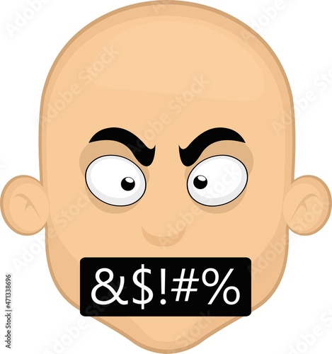 Vector illustration of a cartoon bald man's face with an angry and insulting expression


