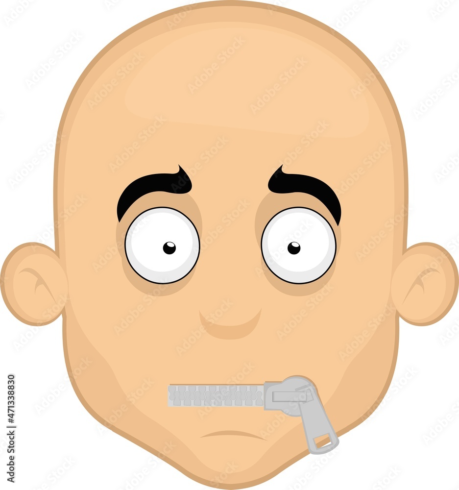 Vector illustration of the face of a cartoon bald man with his mouth closed with a zipper