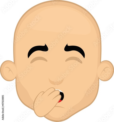 Vector illustration of the face of a cartoon bald man yawning and covering his mouth with his hand