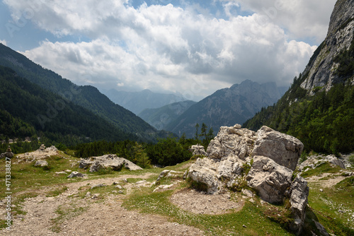 View of Julian Alps mountains near Kranjska Gora in Triglav national park on a cloudy day, Slovenia