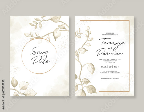 Elegant wedding invitation template with watercolor leaves