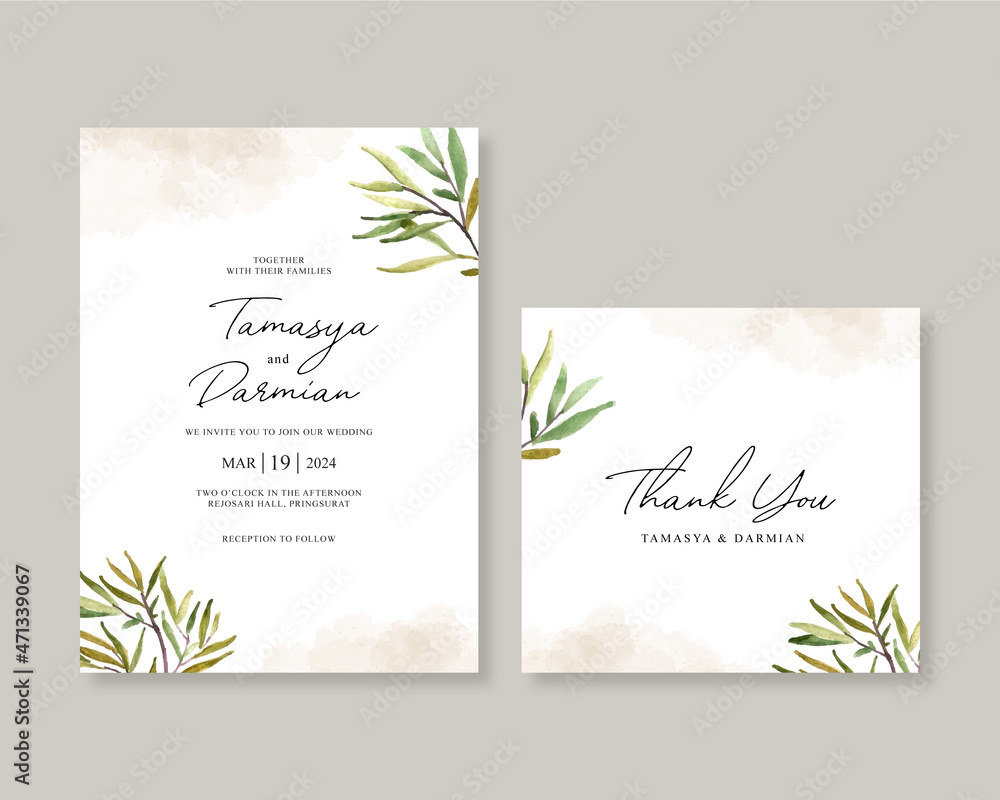 Wedding card invitation template with elegant watercolor foliage