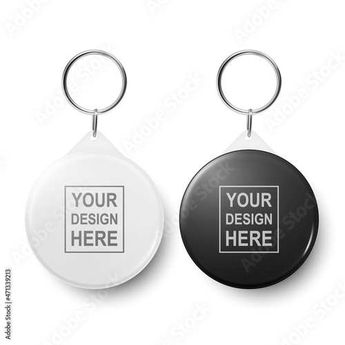 Vector 3d Realistic Blank White and Black Round Keychain with Ring and Chain for Key Isolated on White. Button Badge with Ring. Plastic, Metal ID Badge with Chains Key Holder, Design Template, Mockup