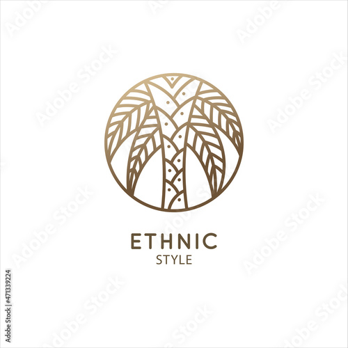 Fototapeta Naklejka Na Ścianę i Meble -  Tropical plant logo. Abstract outline round emblem of leaves, palm leaf. Linear style. Vector abstract badge for design of natural product, flower shop, cosmetics, ecology concepts, health, spa, yoga