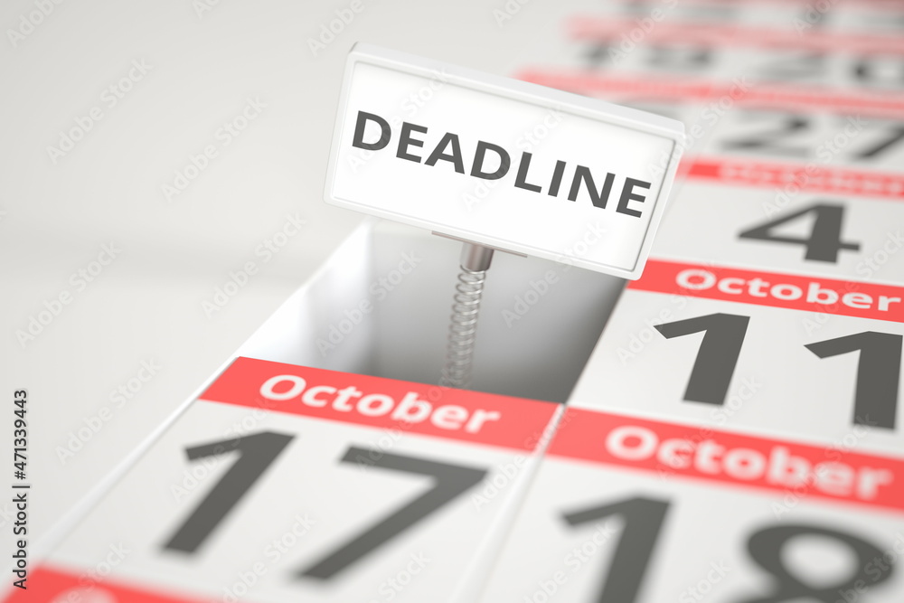 DEADLINE plate on October 10 in a calendar, 3d rendering DEADLINE plate on October 10 in a calendar, 3d rendering