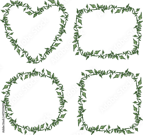 Set of decorative borders from drawn twigs with green leaves
