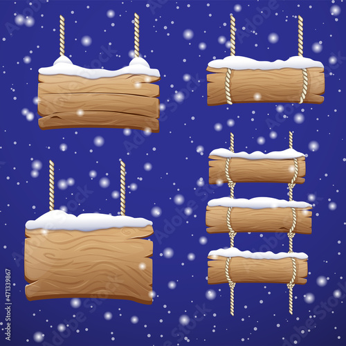 cartoon snowy wooden signboards, panels in snow caps. game assets of variety snowy timber boards and hanging signs with place for text. vector clipart of Rustic banners, billboards for Winter Design.