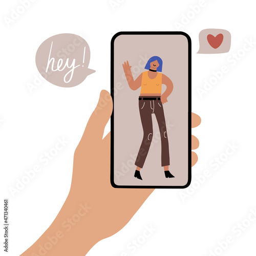Hand holding a smartphone with cute girl on video call and heart message, isolated vector illustration