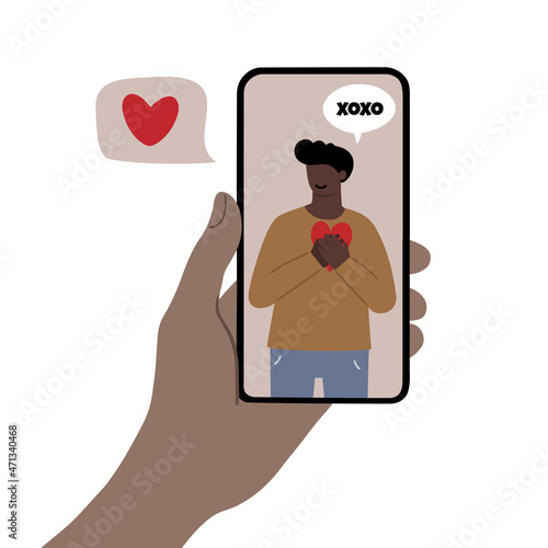 Hand holding a smartphone with cute love message and video call from a loved one, isolated vector illustration
