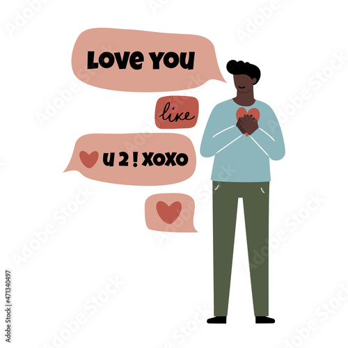Cute black guy is on the phone, chatting with someone using teen slang language, love messaging with hearts, isolated hand drawn vector illustration