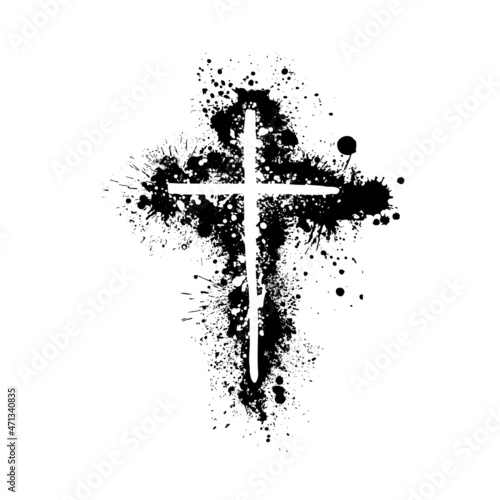 Hand drawn black grunge cross icon, simple Christian cross sign, hand-painted cross symbol created with real ink brush isolated on white background. © Мария Неноглядова