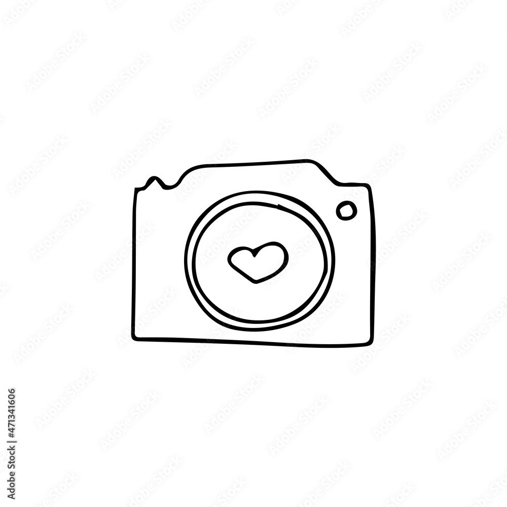 Vector illustration in doodle style. Photo camera icon with heart Vector illustration in doodle style. Photo camera icon with heart