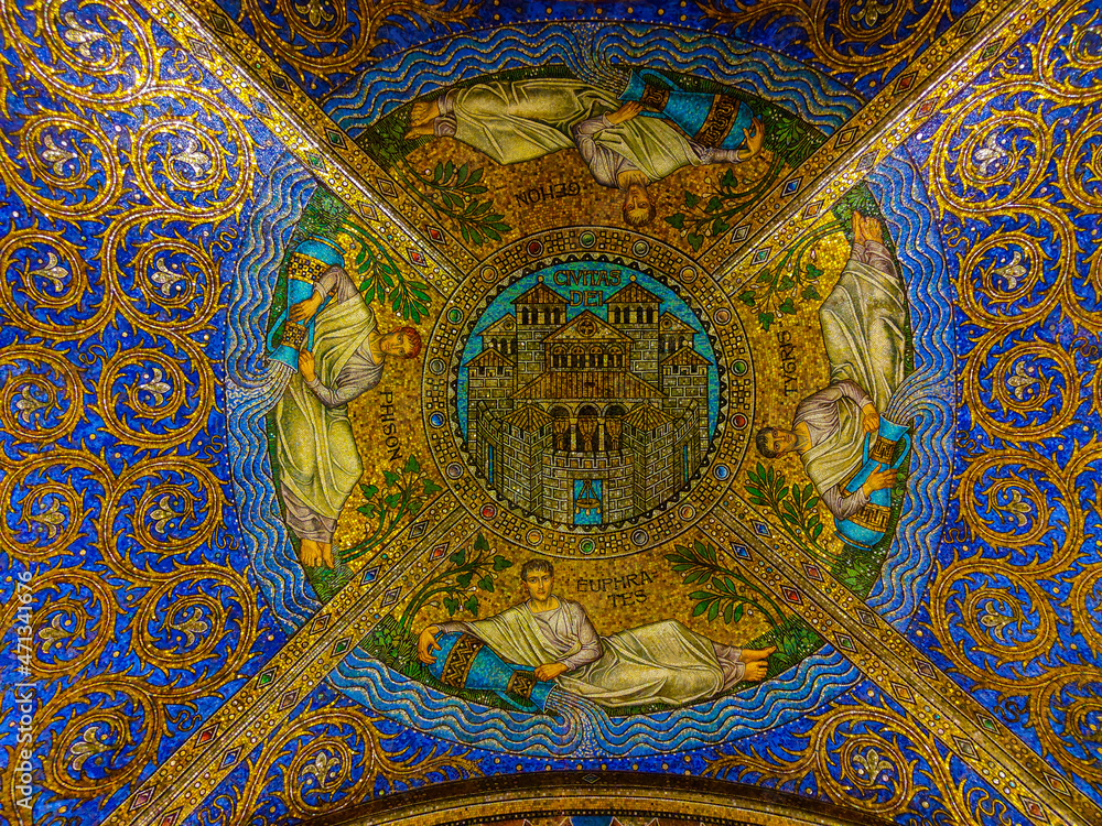 AACHEN, GERMANY, November 11th 2021. Beautiful and Colorful Ceiling mosaic at the Charlemagne Palatine Chapel at Aachener Dom cathedral church.
