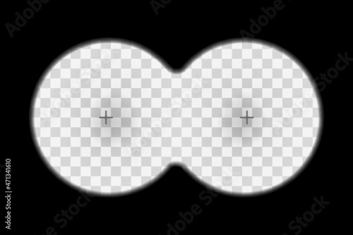 Binocular viewfinder screen with white transparent background and marks. Spy night vision concept vector illustration. Retro optical frame. Realistic view with translucent gradient lens