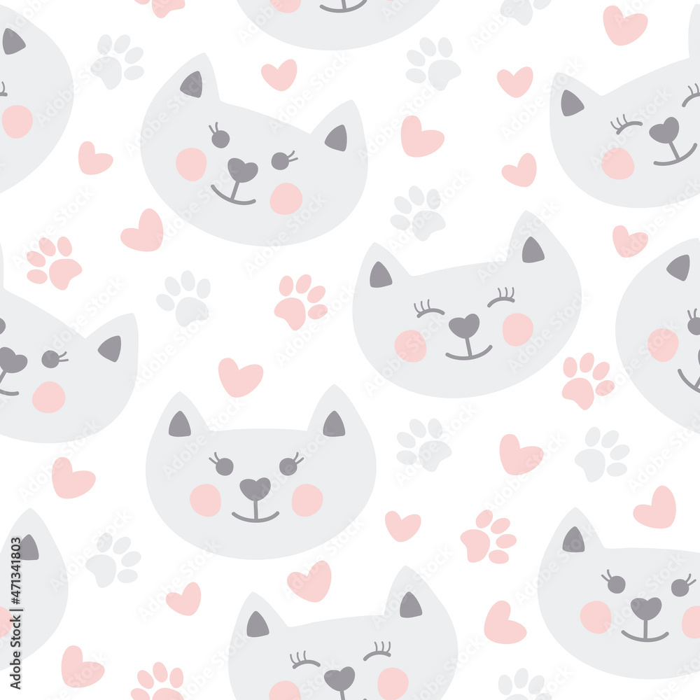 Cute cats seamless pattern. Vector illustration isolated on white background. It can be used for wallpapers, wrapping, cards, patterns for clothes and other.