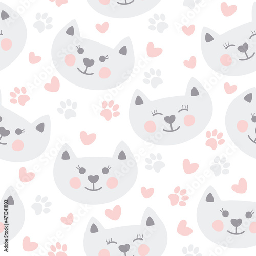Cute cats seamless pattern. Vector illustration isolated on white background. It can be used for wallpapers, wrapping, cards, patterns for clothes and other.