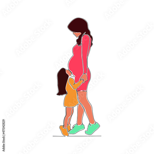 Continuous line drawing. A happy pregnant woman walking with her little daughter, silhouette. Vector illustration