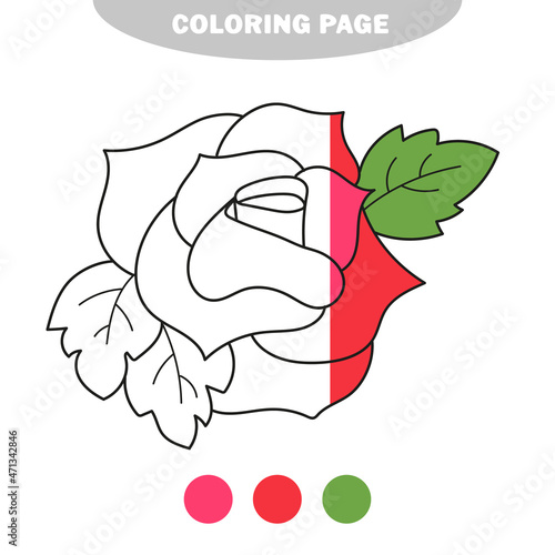 Simple coloring page. Black and white hand drawn illustration of roses. Coloring book page for children. Half painted picture with color samples