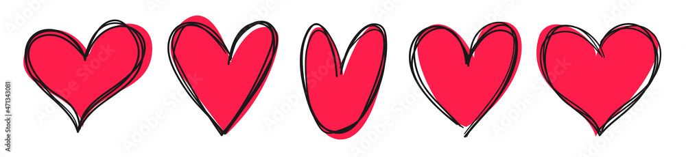 Red and black hearts vector set on hand drawn style. Isolated hand ...