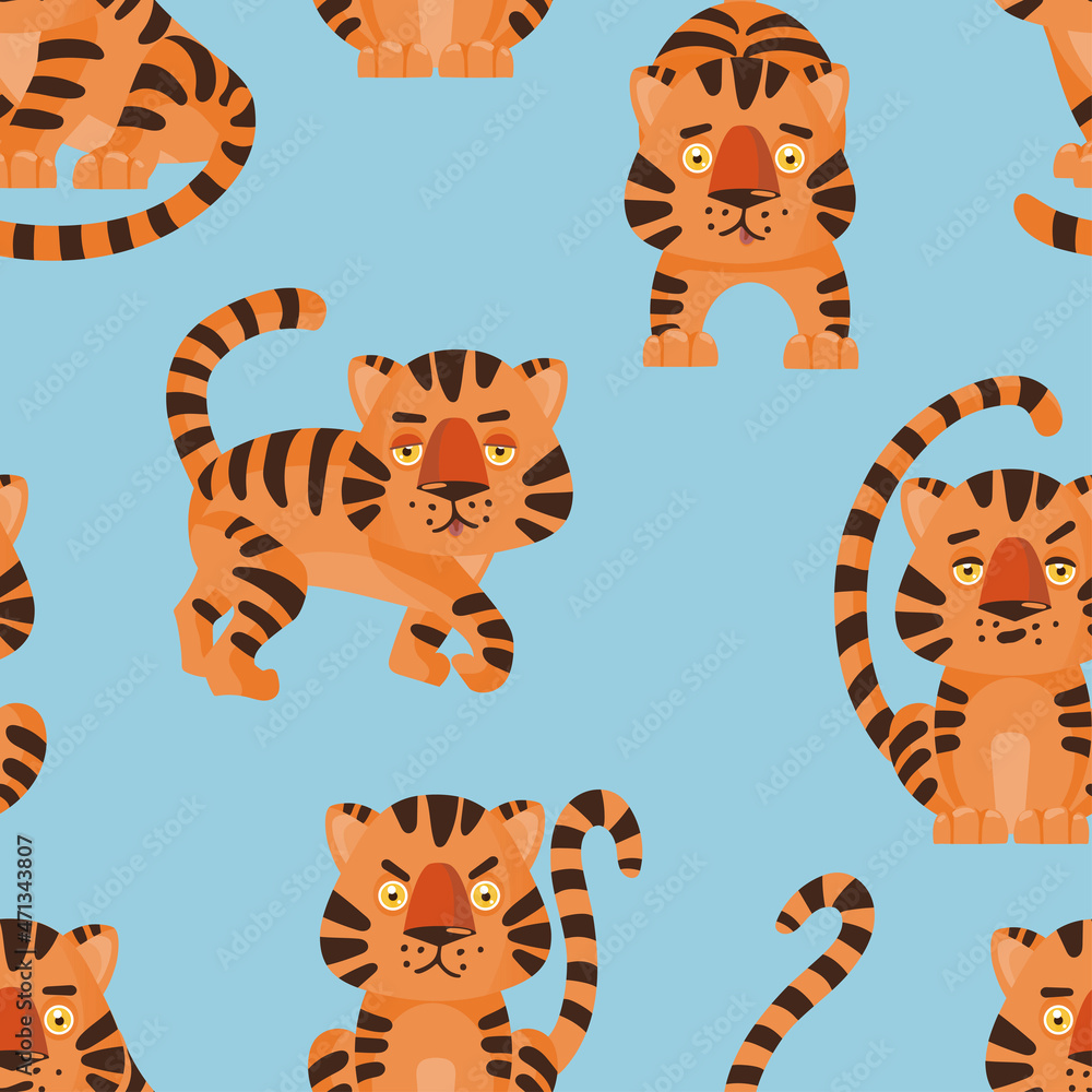 Seamless pattern with cute tigers on a blue background. Vector pattern. Texture for fabric, clothing, wallpaper, wrapping paper, stationery. Seamless pattern with cute tigers on a blue background. Vector pattern. Texture for fabric, clothing, wallpaper, wrapping paper, stationery.