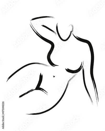 Minimalist brush stroke art of woman body. Curvy girl silhouette in line art style. Nude abstract female drawing. Modern bohemian vector illustration for print or design