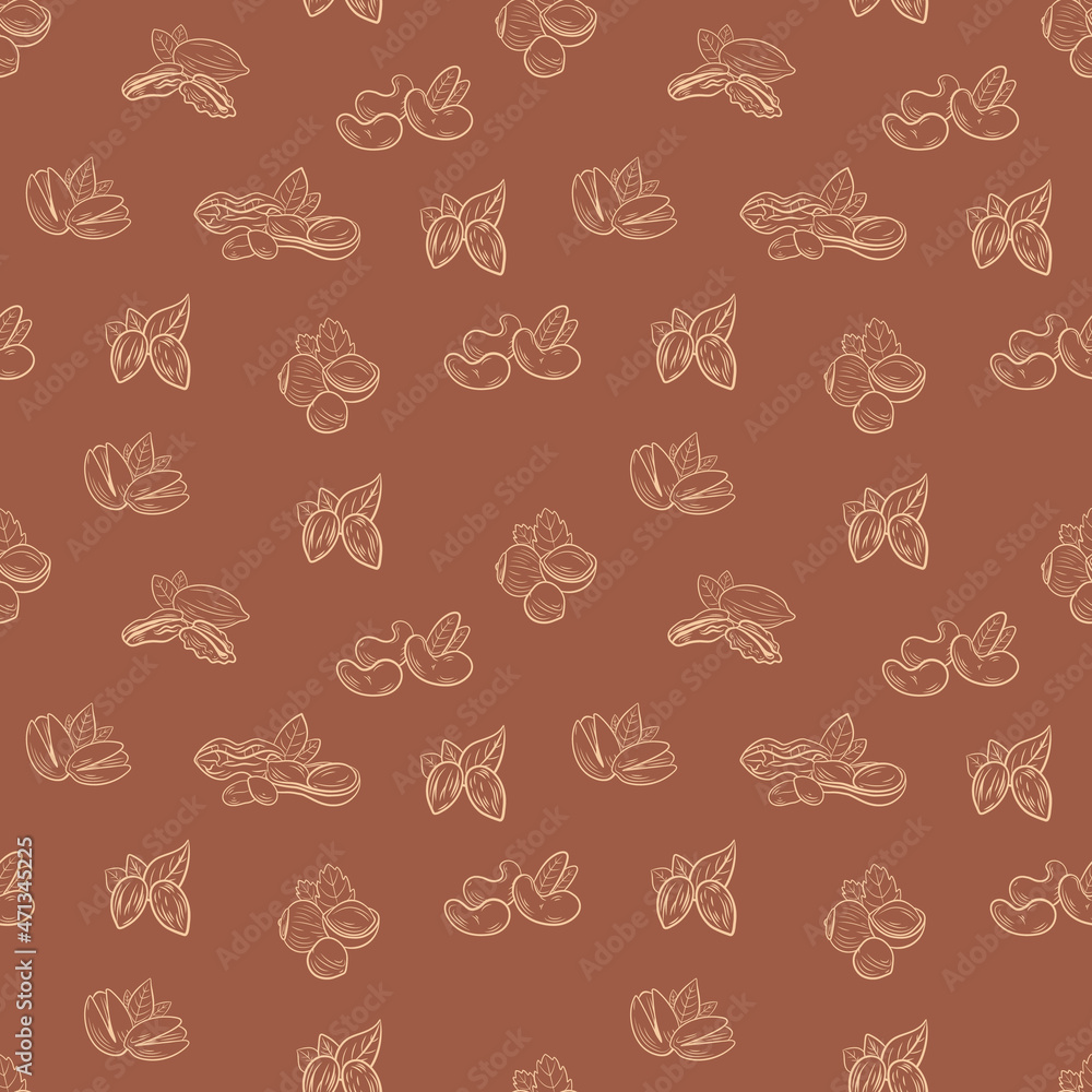 seamless pattern, nuts, background template, assortment outline nuts, pistachio, hazelnut, peanut, pecan, almond, cashew. seamless pattern, nuts, background template, assortment outline nuts, pistachio, hazelnut, peanut, pecan, almond, cashew.