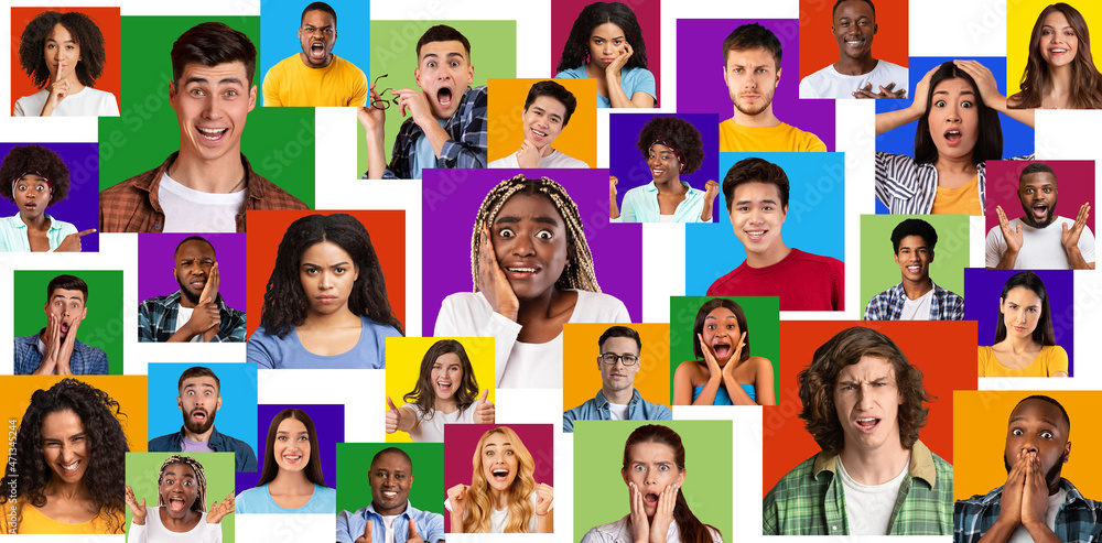 Shocked, surprised, smiling caucasian, black, asian men and women express real emotions, gesticulate