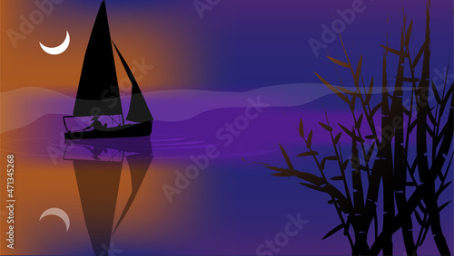 Beautiful landscape nature with sunset and water reflection with floating boat, moon and bamboo tree vector illustration. Night Scene.