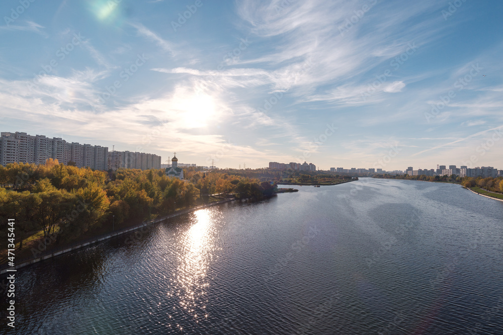 Fototapeta premium Panorama over the Brateev Bridge. Russia. Moscow