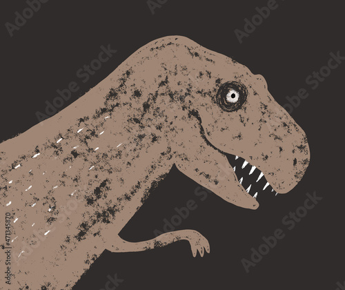 Simple Grunge Hand Drawn Vector Illustration with Big Scary Dinosaur. Funny Infantile Style Nursery Print for Wall Art  Poster  Card. Brown Dino Made of Scribbles on a Black Background.